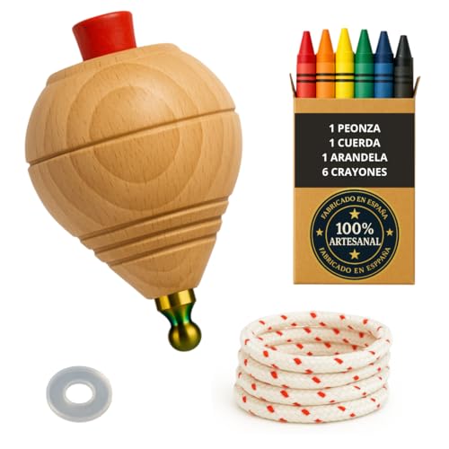 Kreisel aus Holz für Kinder, Packung mit 1 Trompo + 6 farbigen Wachsmalkreiseln + 1 Unterlegscheibe, handgefertigt in Spanien mit runder Spitze. Kreisel aus Holz für Kinder, Packung mit 1 Trompo + 6 farbigen Wachsmalkreiseln + 1 Unterlegscheibe, handgefertigt in Spanien mit runder Spitze. von EVERGIFT
