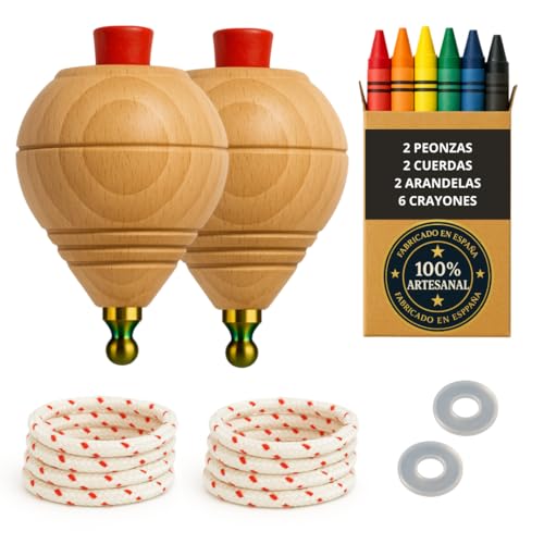 Kreisel aus Holz für Kinder, Packung mit 2 Trompen + 6 farbigen Wachsmalkreiseln + 2 Unterlegscheiben, handgefertigt in Spanien mit runder Spitze. Kreisel aus Holz für Kinder, Packung mit 2 Trompen + 6 farbigen Wachsmalkreiseln + 2 Unterlegscheiben, handgefertigt in Spanien mit runder Spitze. von EVERGIFT