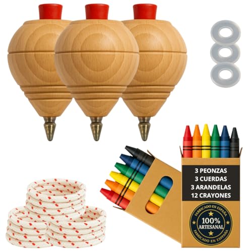Kreisel aus Holz für Kinder, Packung mit 3 Trompen + 12 farbigen Wachsmalkreiseln + 3 Unterlegscheiben, handgefertigt in Spanien, mit Kugelschreiberspitze. Kreisel aus Holz für Kinder, Packung mit 3 Trompen + 12 farbigen Wachsmalkreiseln + 3 Unterlegscheiben, handgefertigt in Spanien, mit Kugelschreiberspitze. von EVERGIFT