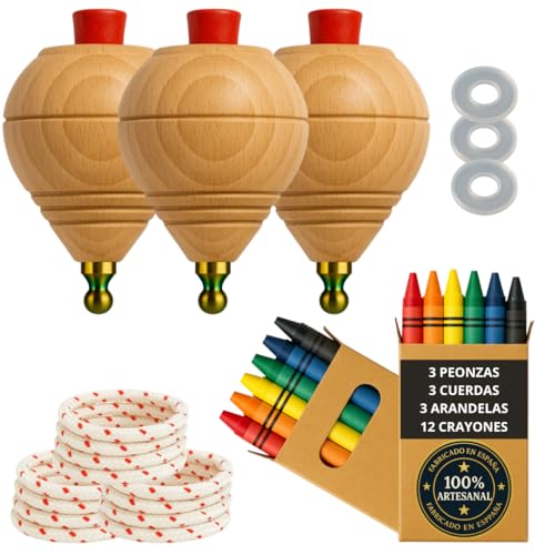 Kreisel aus Holz für Kinder, Packung mit 3 Trompen + 12 farbigen Wachsmalkreiseln + 3 Unterlegscheiben, handgefertigt in Spanien mit runder Spitze. von EVERGIFT