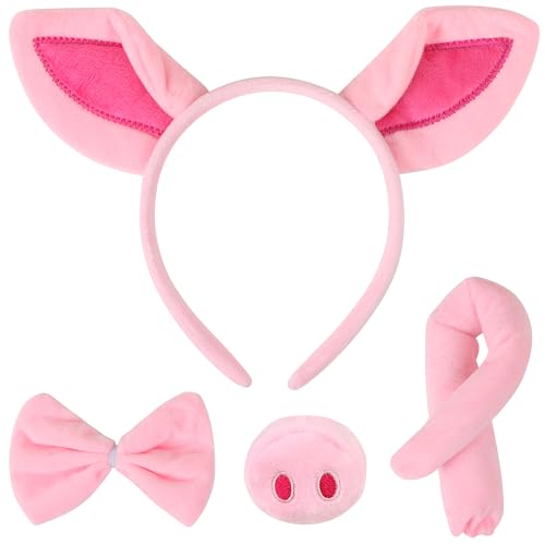 EVERMARKET 4-teiliges Schweine-Kostüm-Set, Schweineohren, Stirnband, Schweinenase, Schwanz und Fliege, Tier-Kostüm-Zubehör für Halloween, Weihnachten, Geburtstag, Party, Cosplay, Maskeraden EVERMARKET 4-teiliges Schweine-Kostüm-Set, Schweineohren, Stirnband, Schweinenase, Schwanz und Fliege, Tier-Kostüm-Zubehör für Halloween, Weihnachten, Geburtstag, Party, Cosplay, Maskeraden von EVERMARKET