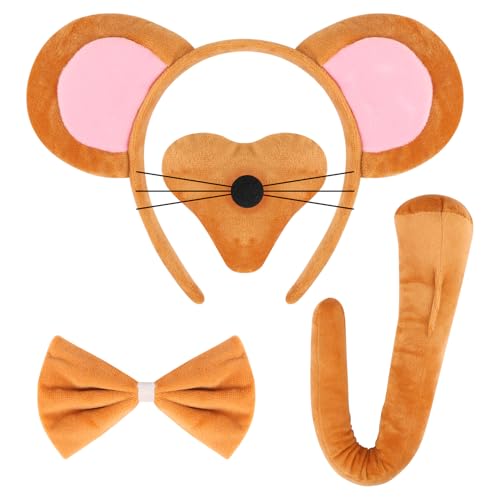 EVERMARKET 4-teiliges Set mit Maus-Ohren, Ratten-Kostüm-Set, Rattenohren-Haarband, Halloween, Weihnachten, Festival, Mottoparty, Cosplay, Zubehör (braun) von EVERMARKET