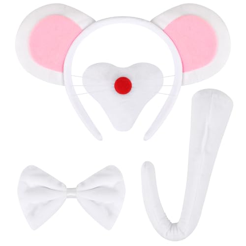 EVERMARKET 4-teiliges Set mit Maus-Ohren, Ratten-Kostüm-Set, Rattenohren-Haarband, Halloween, Weihnachten, Festival, Mottoparty, Cosplay, Zubehör (weiß) von EVERMARKET