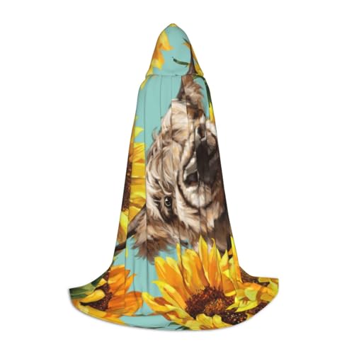 EVIUS Halloween Bodenlanger Kapuzenumhang Kuh mit Sonnenblumen in blauem Druck, Kapuzenumhang für Teenager von EVIUS