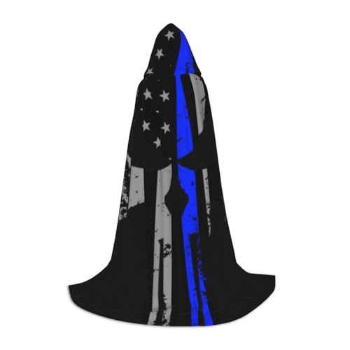 EVIUS Halloween Bodenlanger Kapuzenumhang blau gestreift Sterne Totenkopf Druck Kapuzenumhang für Teenager von EVIUS