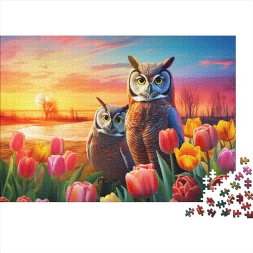 Süße Eule Puzzles Für Erwachsene Teenager 500-teiliges Premium Quality Hölzern Bunte Tulpen Puzzles Herausforderndes Puzzle Geschicklichkeitsspiel Home Dekoration 500pcs (52x38cm) von EVMILA