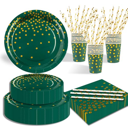 125 Stück Dunkelgrün und Gold Partygeschirr Party Set，Happy Birthday Partygeschirr Set，25 Gäste Pappbecher Pappteller Servietten Trinkhalme Papier für Party Geburtstag von EVYIENEN