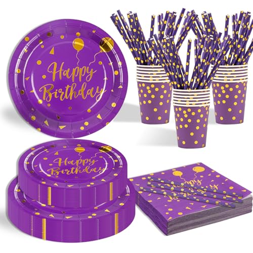 125 Stück Lila und Gold Partygeschirr Party Set，Happy Birthday Partygeschirr Set，25 Gäste Pappbecher Pappteller Servietten Trinkhalme Papier für Party Geburtstag von EVYIENEN