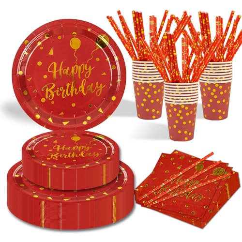 125 Stück Rot und Gold Partygeschirr Party Set,Happy Birthday Partygeschirr Set,25 Gäste Pappbecher Pappteller Servietten Trinkhalme Papier für Party Geburtstag 125 Stück Rot und Gold Partygeschirr Party Set,Happy Birthday Partygeschirr Set,25 Gäste Pappbecher Pappteller Servietten Trinkhalme Papier für Party Geburtstag von EVYIENEN