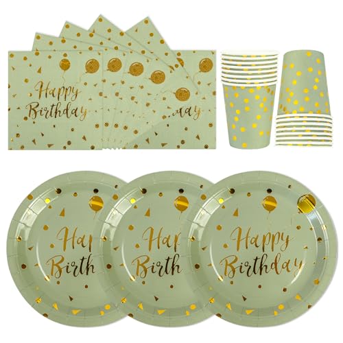 72 Stück Geburtstag Partygeschirr,Happy Birthday Salbeigrün Gold Geburtstag Party Geschirr Becher Serviette Pappteller Set,für Mädchen Kinder Tischdekoration-24 Gäste von EVYIENEN