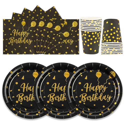 72 Stück Geburtstag Partygeschirr,Happy Birthday Schwarz Gold Geburtstag Party Geschirr Becher Serviette Pappteller Set,für Mädchen Kinder Tischdekoration-24 Gäste von EVYIENEN