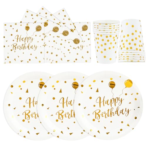 72 Stück Geburtstag Partygeschirr,Happy Birthday Weiß Gold Geburtstag Party Geschirr Becher Serviette Pappteller Set,für Mädchen Kinder Tischdekoration-24 Gäste von EVYIENEN