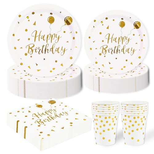 96 Stück Geburtstag Party Geschirr Set,Happy Birthday Weiß Gold Geburtstag Party Geschirr Becher Serviette Pappteller Set,für Mädchen Kinder Tischdekoration-24 Gäste 96 Stück Geburtstag Party Geschirr Set,Happy Birthday Weiß Gold Geburtstag Party Geschirr Becher Serviette Pappteller Set,für Mädchen Kinder Tischdekoration-24 Gäste von EVYIENEN