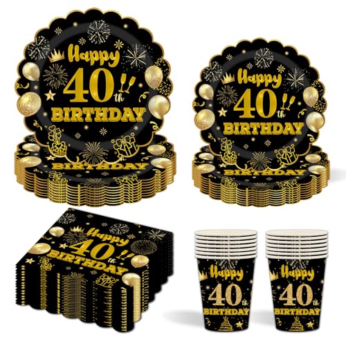96 Stück Schwarz und Gold Partygeschirr,40th Geburtstag Party Pappteller Becher Servietten Partyteller Set für Geburtstag Kinder Party Dekoration Papier Geschirr-24 Gäste von EVYIENEN