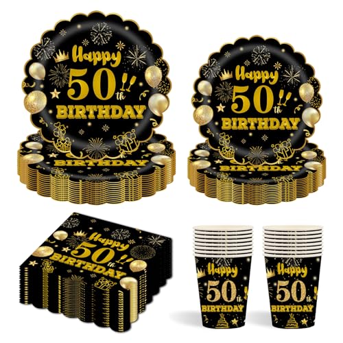 96 Stück Schwarz und Gold Partygeschirr,50th Geburtstag Party Pappteller Becher Servietten Partyteller Set für Geburtstag Kinder Party Dekoration Papier Geschirr-24 Gäste von EVYIENEN