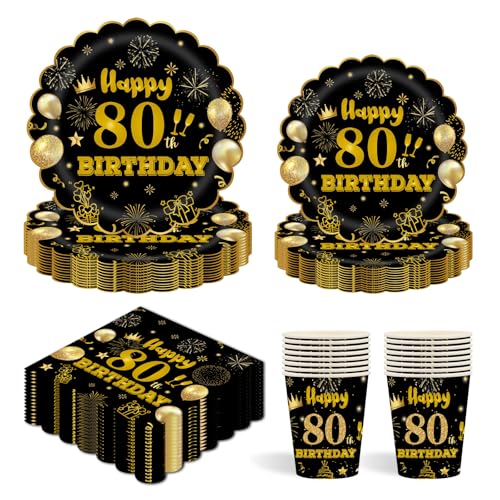 96 Stück Schwarz und Gold Partygeschirr,80th Geburtstag Party Pappteller Becher Servietten Partyteller Set für Geburtstag Kinder Party Dekoration Papier Geschirr-24 Gäste von EVYIENEN