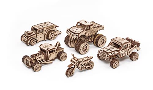 Eco Wood Art Vehicles Set Monster Truck, Prerunner, Dragster, Hot Rod und Bike von EWA Eco-Wood-Art