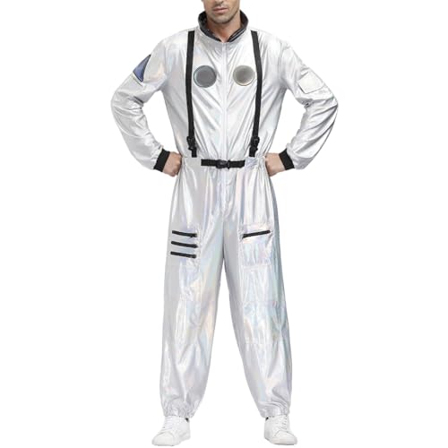 EWFAS Astronaut Kostüm Damen Herren Weltall Raumfahrer Outfit Glänzend Karneval Kostüm Overall Metallic Langarm Jumpsuit Spaceman Cosplay Paar Space Kostüm Rollenspiel Faschingskostüme von EWFAS