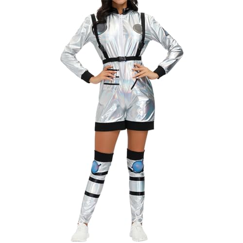 EWFAS Astronaut Kostüm Damen Herren Weltall Raumfahrer Outfit Glänzend Karneval Kostüm Overall Metallic Langarm Jumpsuit Spaceman Cosplay Paar Space Kostüm Rollenspiel Faschingskostüme von EWFAS