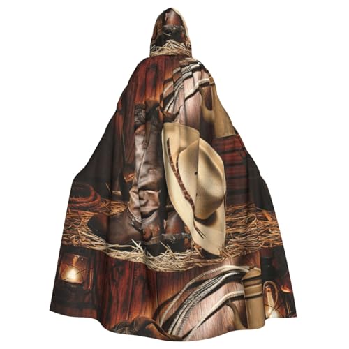 EWQrtyy Cowboy-Umhang mit schwarzem Hut, Westernstiefel, bedruckt, für Erwachsene, Halloween, Kapuzenumhang für Kostümpartys, Karneval, Partyzubehör mit großer Kapuze von EWQrtyy