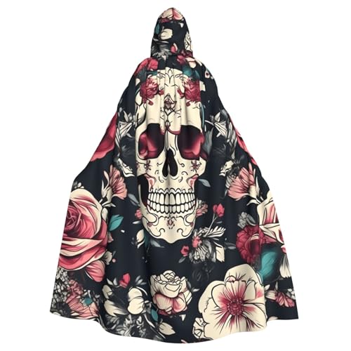 EWQrtyy Umhang mit Blumen-Totenkopf-Motiv, Erwachsenen-Halloween-Kapuzenumhang für Kostümpartys, Karneval, Partyzubehör mit großer Kapuze von EWQrtyy