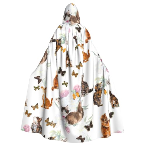 EWQrtyy Umhang mit Katzenmotiv und Schmetterlings-Aufdruck, Halloween-Kapuzenumhang für Kostümpartys, Karneval, Partyzubehör mit großer Kapuze von EWQrtyy