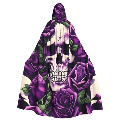 EWQrtyy Umhang mit vielen violetten Rosen und Totenkopf-Aufdruck, Halloween-Kapuzenumhang für Kostümpartys, Karneval, Partyzubehör mit großer Kapuze von EWQrtyy