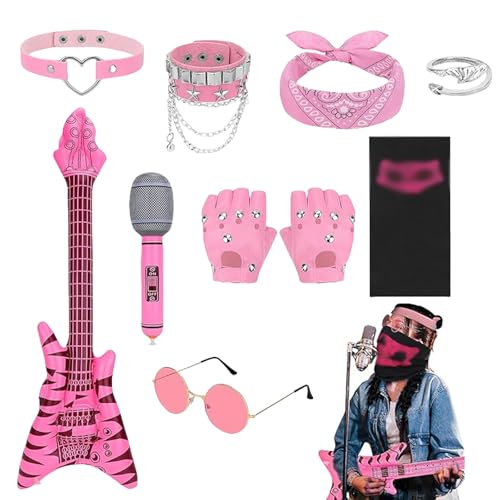 Aufblasbare Gitarre, Rockstar-Kostüm für Kinder, 9-teiliges Ringarmband, Becklace, Kopftuch, Brille, Gitarre, Mikrofon, Maske, Handschuh, Rockstar-Kostüm, für Jungen und Mädchen, Weltbuchtagskostüm Aufblasbare Gitarre, Rockstar-Kostüm für Kinder, 9-teiliges Ringarmband, Becklace, Kopftuch, Brille, Gitarre, Mikrofon, Maske, Handschuh, Rockstar-Kostüm, für Jungen und Mädchen, Weltbuchtagskostüm von EWRGIJ