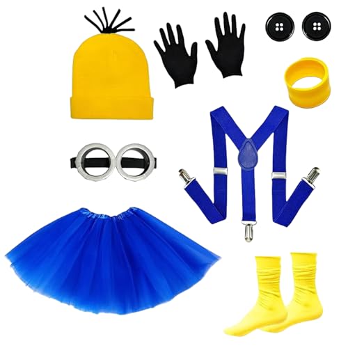 EWRGIJ Kostümzubehör, 11-teiliges gelbes Kostümzubehör-Set, Steampunk-Brille, gelbe Beanie, schwarze Handschuhe, Hosenträger und blaues Tutu, niedliche lustige Kostüme für Cosplay-Party EWRGIJ Kostümzubehör, 11-teiliges gelbes Kostümzubehör-Set, Steampunk-Brille, gelbe Beanie, schwarze Handschuhe, Hosenträger und blaues Tutu, niedliche lustige Kostüme für Cosplay-Party von EWRGIJ