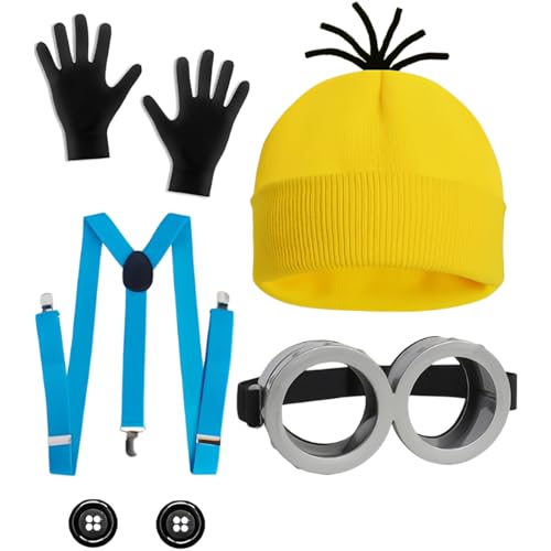 EWRGIJ Kostümzubehör, 6-teiliges gelbes Kostümzubehör-Set, Steampunk-Brille, gelbe Beanie, schwarze Handschuhe, Knöpfe und blaue Schlinge, niedliche lustige Kostüme für Cosplay-Party EWRGIJ Kostümzubehör, 6-teiliges gelbes Kostümzubehör-Set, Steampunk-Brille, gelbe Beanie, schwarze Handschuhe, Knöpfe und blaue Schlinge, niedliche lustige Kostüme für Cosplay-Party von EWRGIJ