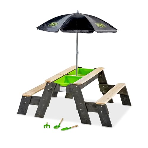 EXIT TOYS Aksent Picknicktisch, Sandtisch & Wassertisch aus Holz - Multifunktionaler Spieltisch für Kinder - 2 Bänke, Sonnenschirm, Gartengeräte, Eimer & Deckel - 100% FSC Zedernholz - 120x94x50cm von EXIT TOYS
