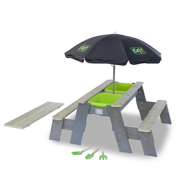 EXIT Aksent Sand,- Wasser- und Picknicktisch (2 Bänke) mit Sonnenschirm und Gartenwerkzeugen von EXIT TOYS