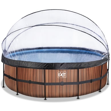 EXIT Frame Pool ø488x122cm (12v Sandfilter) – Holz Optik + Sonnendach + Wärmepumpe von EXIT Toys