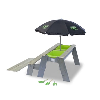 EXIT Aksent Sand,- Wasser- und Picknicktisch (1 Bank) mit Sonnenschirm und Gartenwerkzeugen von EXIT TOYS
