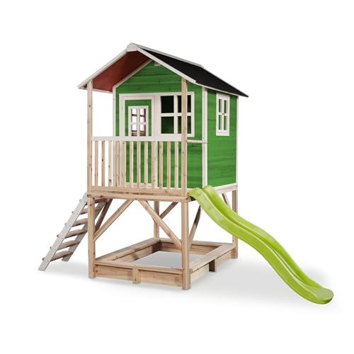 EXIT Toys Loft 500 Holzspielhaus für Draußen mit Sandkasten & Rutsche - Wasserdichtes Gartenhaus aus Holz für Kinder - Einfache Montage - 100% FSC Zedernholz - 329x190x253cm - Grün von EXIT TOYS
