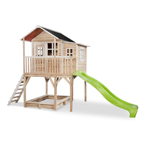 EXIT Toys Loft 750 Holzspielhaus für Draußen mit Anbau, Sandkasten & Rutsche - Wasserdichtes Gartenhaus für Kinder - Einfache Montage - 100% FSC Zedernholz - 444x190x269cm - Natur von EXIT TOYS