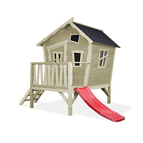 EXIT Toys Crooky 300 Holzspielhaus für Draußen - Mit Rutsche - Gartenhaus aus Holz für Kinder mit wasserdichtem Dach - Einfache Montage - 100% FSC Zedernholz - 269x184x227cm - Graubeige von EXIT TOYS