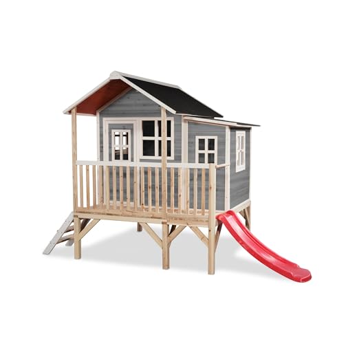 EXIT Toys Loft 350 Holzspielhaus für Draußen mit Rutsche - Gartenhaus aus Holz für Kinder mit wasserdichtem Dach - Einfache Montage - 100% FSC Zedernholz - 322x190x215cm - Grau von EXIT TOYS