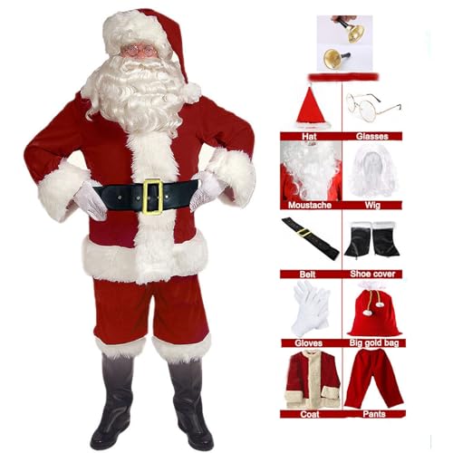 EXQUILEG Weihnachtsmann Kostüm für Herren, Weihnachtsmannkostüm mit Mütze Bart Gürtel und Handschuhe - Weihnachtskostüm Nikolauskostüm Weihnachtskostüme Kostüme (11-Teiliges,Durchschnittsgröße) von EXQUILEG