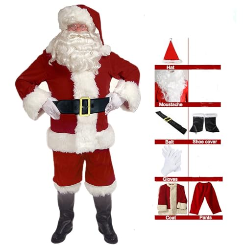 EXQUILEG Weihnachtsmann Kostüm für Herren, Weihnachtsmannkostüm mit Mütze Bart Gürtel und Handschuhe - Weihnachtskostüm Nikolauskostüm Weihnachtskostüme Kostüme (7-Teiliges,Durchschnittsgröße) von EXQUILEG