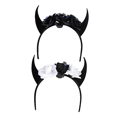 EXQUIMEUBLE 2 Stück Skull Horn Haarband mit Blumen Halloween Kostüm Haarreif Teiliges Stoffkopfband für Erwachsene und Bequem für Party Cosplay Festival Zubehör von EXQUIMEUBLE