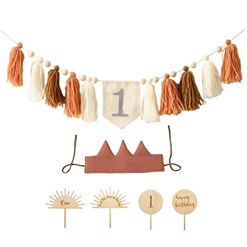 Baby Geburtstag Dekoration Set - 1. geburtstag junge Mädchen, 1. Geburtstagsdeko Kindergeburtstag deko Mit Crown Hut, Cake Topper und Banner (Braun) von EXQULEG