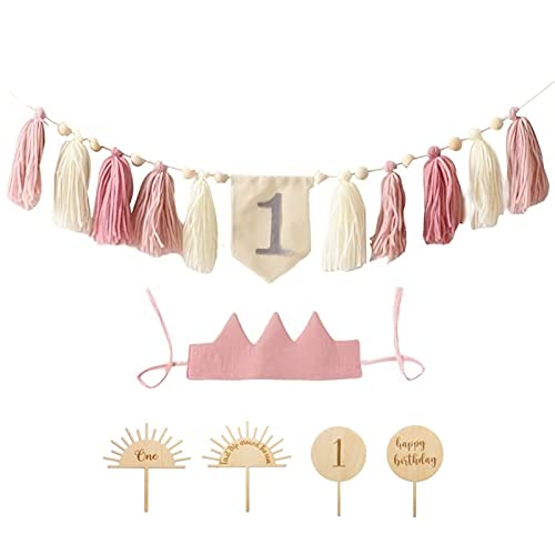 Baby Geburtstag Dekoration Set - 1. geburtstag junge Mädchen, 1. Geburtstagsdeko Kindergeburtstag deko Mit Crown Hut, Cake Topper und Banner (Rosa) von EXQULEG