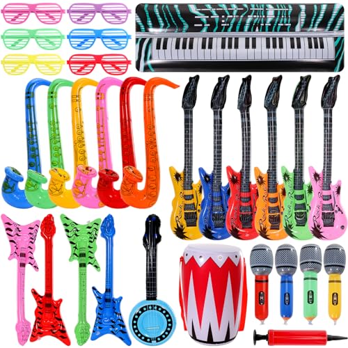 EXTRAPINS 30 Stück Aufblasbare Instrumente Spielzeug Set,Aufblasbare Party Props,Aufblasbare Gitarre Mikrofon Saxophon Trommel Aufblasbare Klaviertastatur Shutter Shading Gläser für 80er 90er Party EXTRAPINS 30 Stück Aufblasbare Instrumente Spielzeug Set,Aufblasbare Party Props,Aufblasbare Gitarre Mikrofon Saxophon Trommel Aufblasbare Klaviertastatur Shutter Shading Gläser für 80er 90er Party von EXTRAPINS