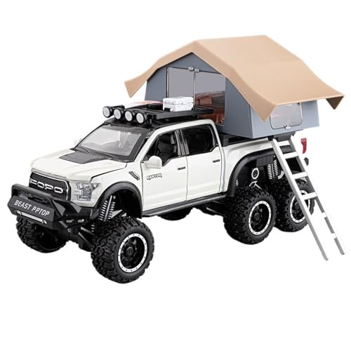 Druckguss 1:24 for Ford Raptor 6X6 Camping Pickup Truck Simulation Sound Und Licht Pullback-Legierung Automodell Miniaturfahrzeugmodell(White) von EXYFRUX
