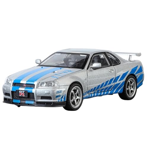 Fertiges Modellauto 1:32 for Nissan GTR R34 Skyline Supercar Legierung Automodell Miniatursimulation Fahrzeugmodell Dekorative Sammlung(Silver) von EXYFRUX