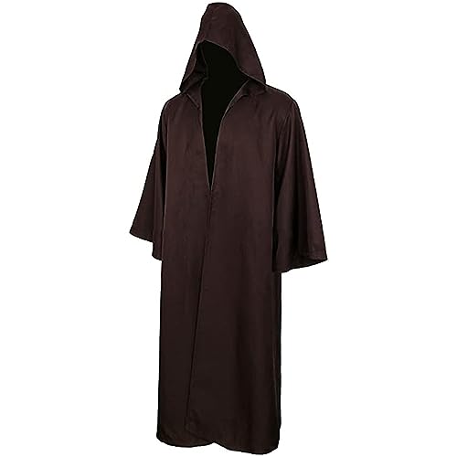 EYNMVR Mönch Robe Priester Kostüm Mönchskostüm Mittelalter Renaissance Hooded Mönch Kostüm Halloween Zauberer Kostüm mit Mantel Taillenseil und Kreuz Halskette für Erwachsene Coffee,XXXL nylon von EYNMVR
