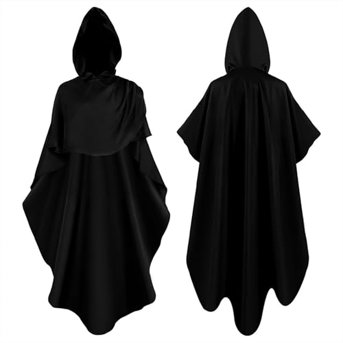 EYNMVR Schwarzer Umhang Damen mit Accessoires Maske & Finger Kette,106/126/146cm Schwarz Satin Cape mit Kapuze,Vampir Umhang Schwarzer für Erwachsene Karneval Halloween Fasching Maskerade Party von EYNMVR