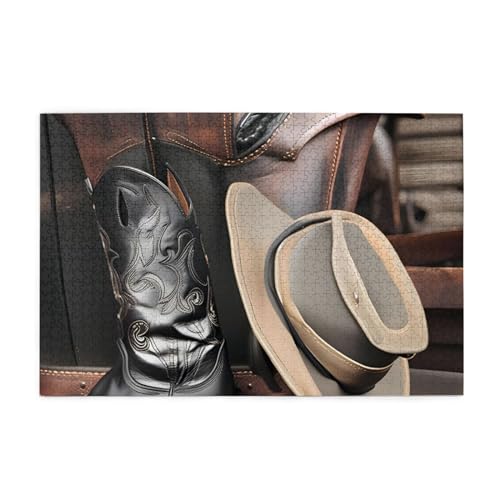 Cowboy Black Hat Western Boots Picture Jigsaw Puzzle, 1000 Teile Holzpuzzle, Heimdekoration & * Einzigartiges Geburtstagsgeschenk Geeignet für Jugendliche und Erwachsene von EYSHOPING