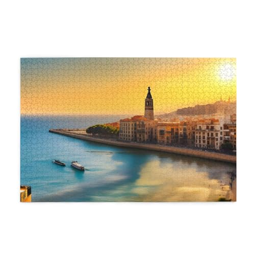 Sunset In Barcelona Picture Jigsaw Puzzle, 1000 Teile Holzpuzzle, Heimdekoration & * Einzigartiges Geburtstagsgeschenk Geeignet für Jugendliche und Erwachsene von EYSHOPING